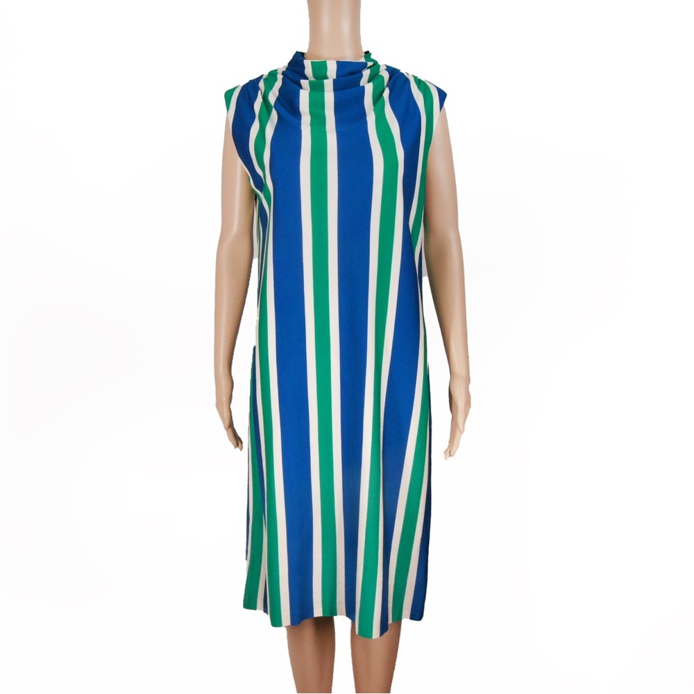 Vintage 60s Mod Retro Ruched Collar White Green Blue Stripe Midi Dress